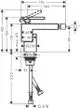 Axor Bidetmischer mit Hebelbedienung und Push-Open Ablaufgarnitur in Chrom. Technische Zeichnung mit Maßen und Anschlussdetails.